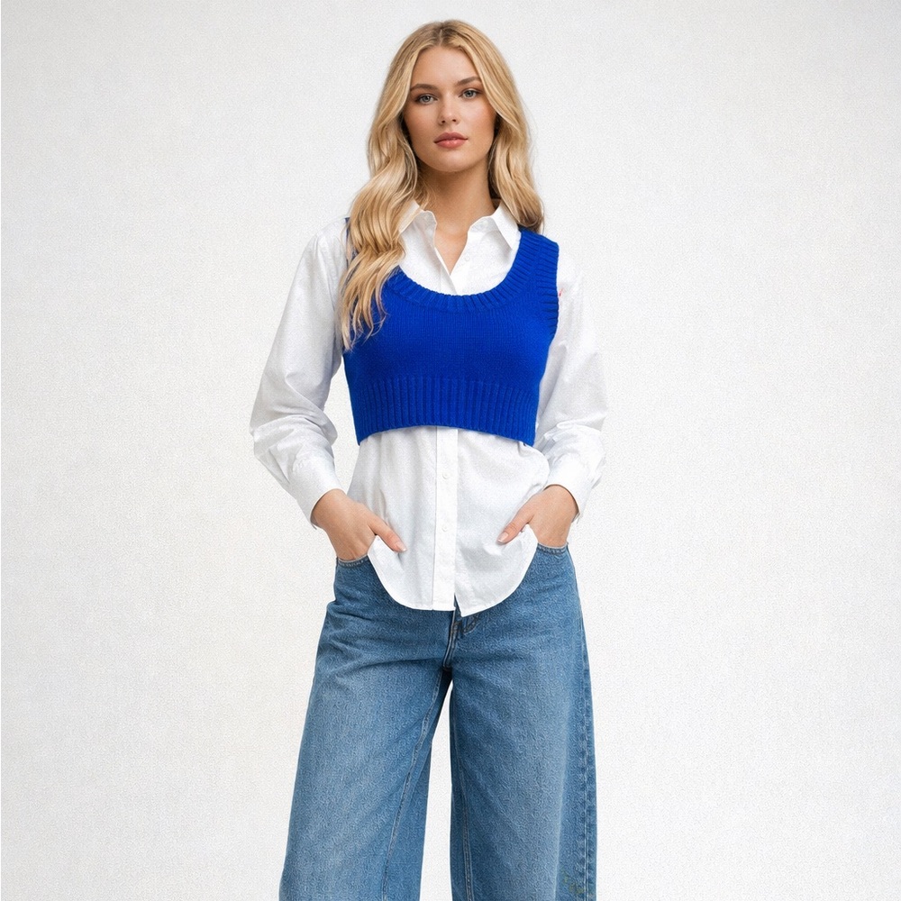 Superdown Cropped Sleeveless Sweater Size‎ S Royal Blue Knit Coastal Preppy
